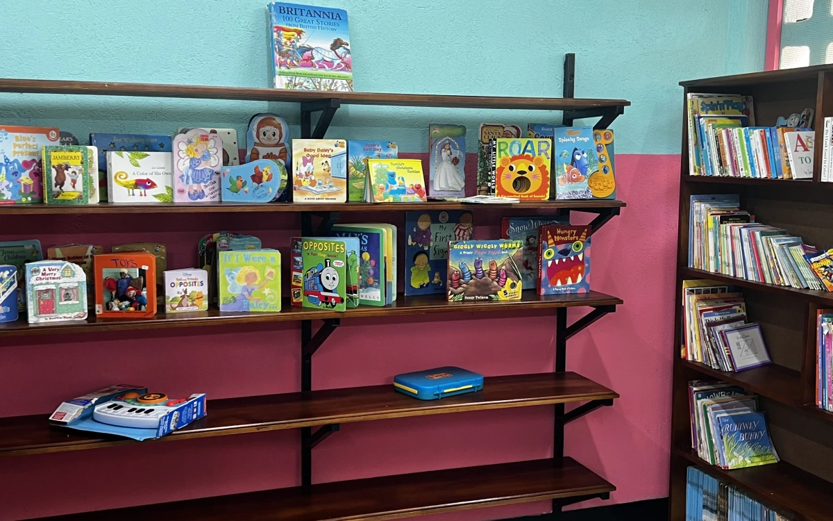 A bookshelf with many books on it